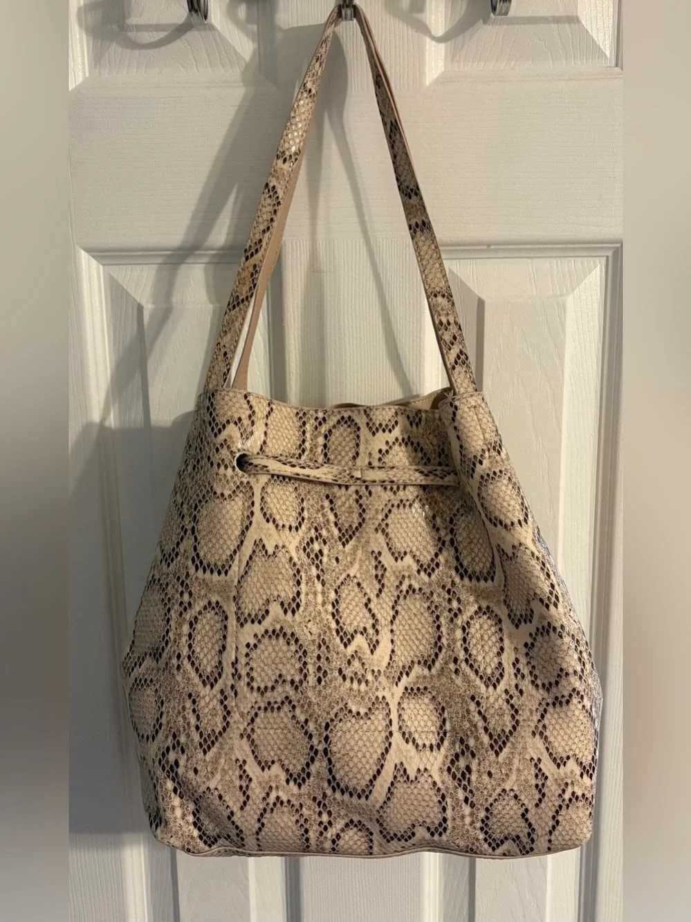 H&M Faux Leather Snake-Print Beige Drawstring Shoulder Bag